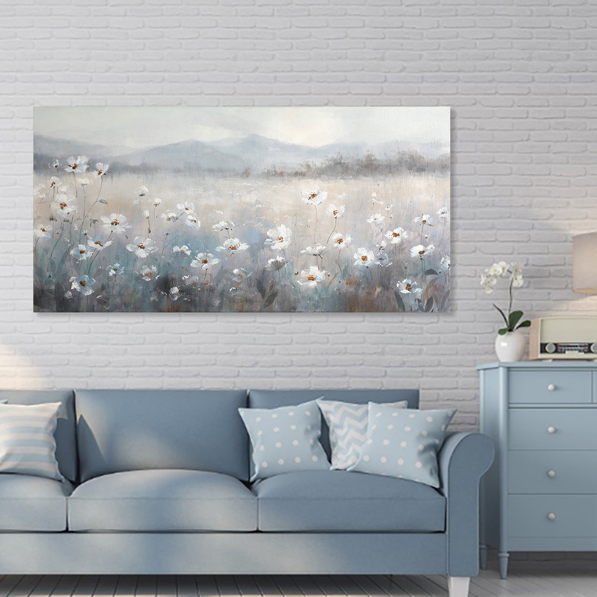 Serene Morning Mist Over Blooming Meadow Oil Painting