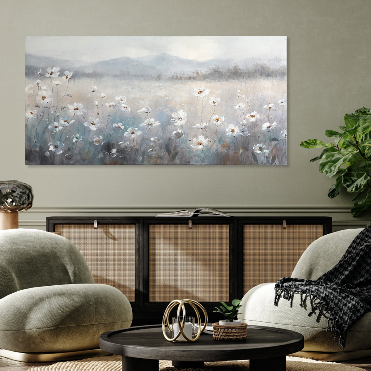 Serene Morning Mist Over Blooming Meadow Oil Painting