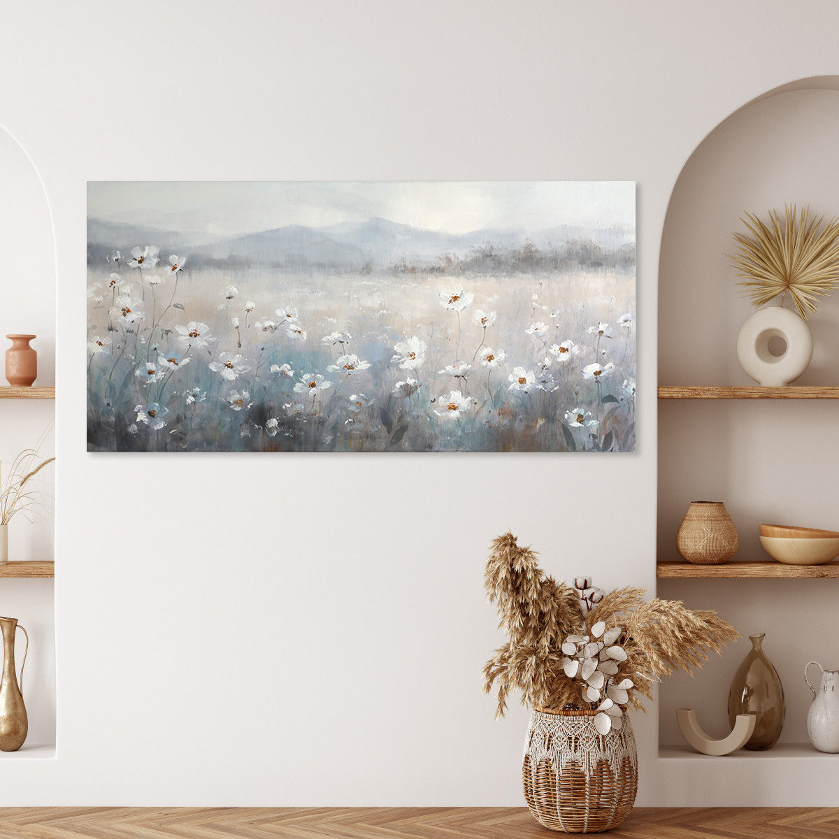 Serene Morning Mist Over Blooming Meadow Oil Painting