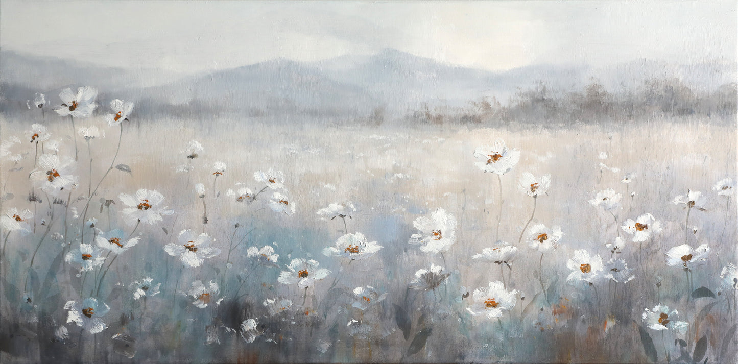 Serene Morning Mist Over Blooming Meadow Oil Painting