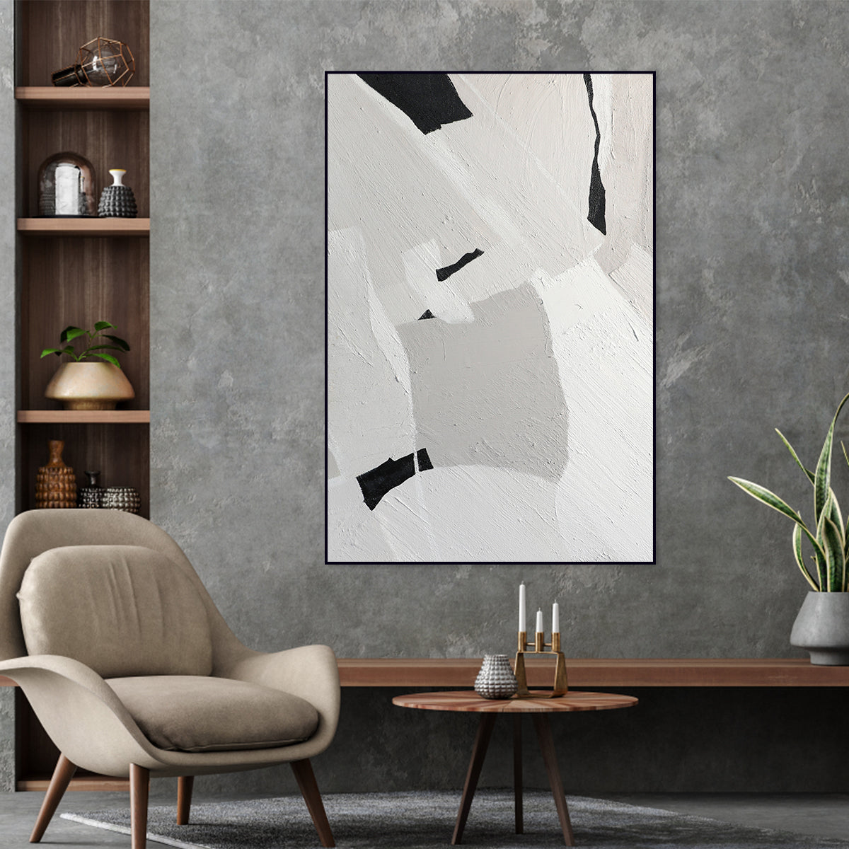 Contemporary Textured Abstract Oil Painting in Monochrome Shades