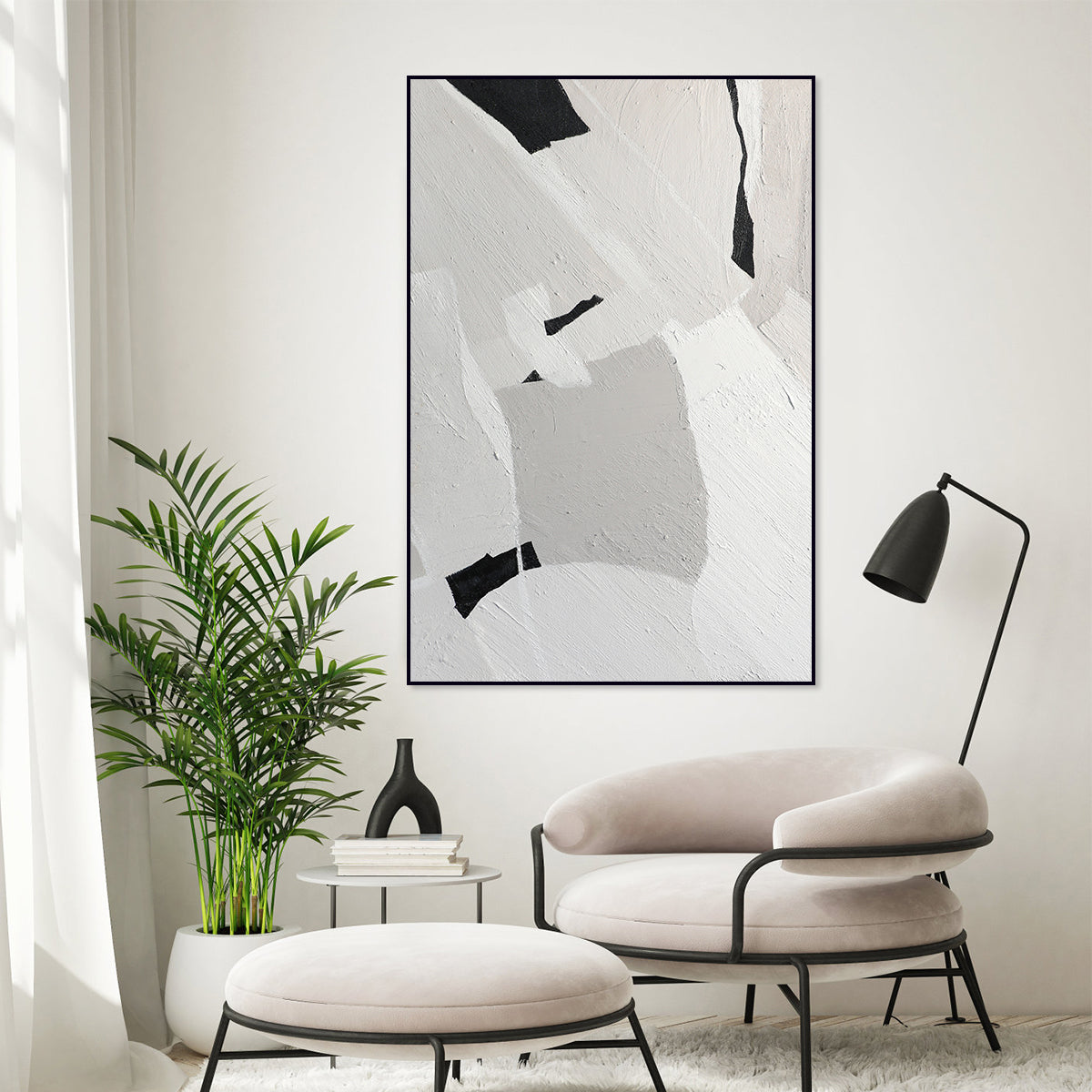 Contemporary Textured Abstract Oil Painting in Monochrome Shades