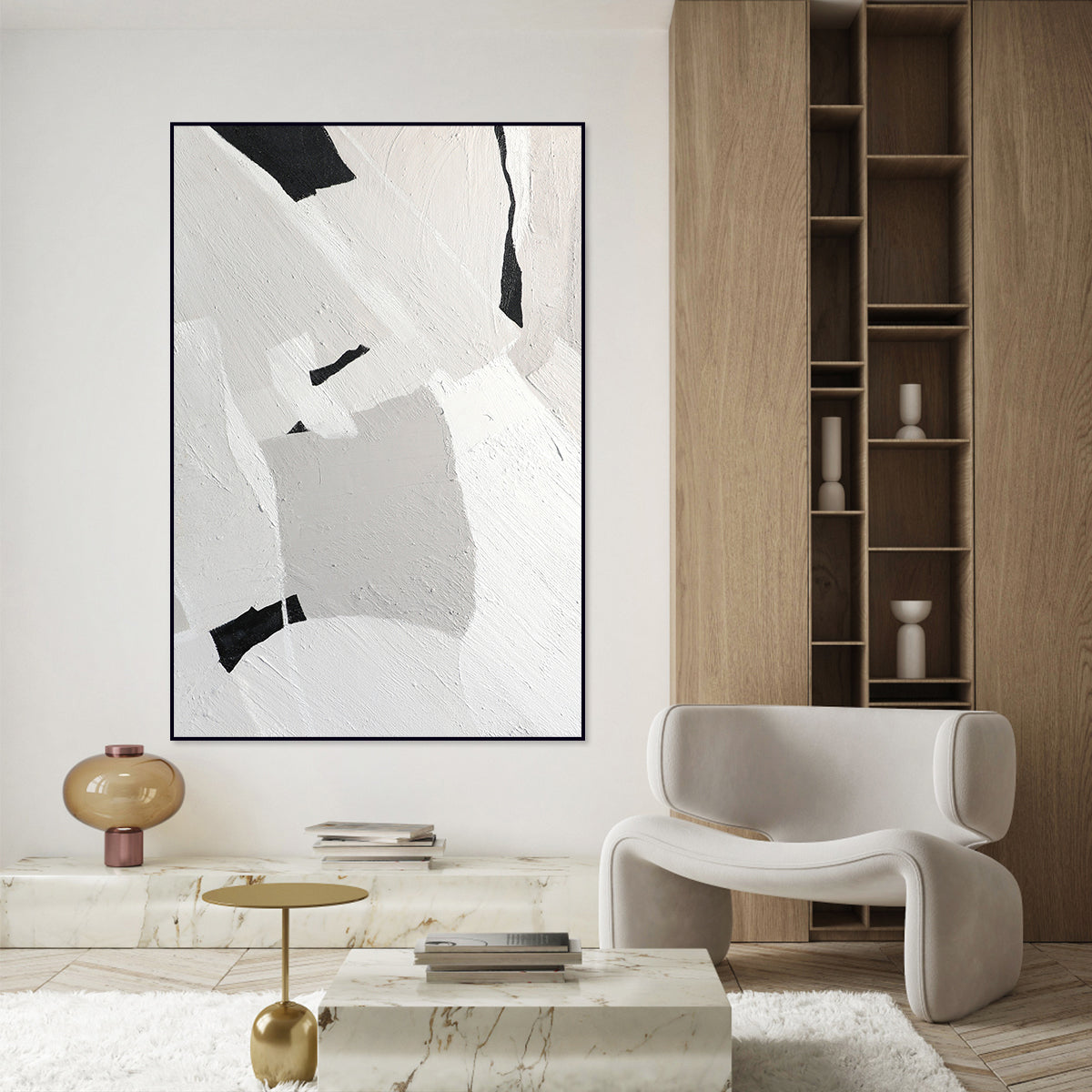 Contemporary Textured Abstract Oil Painting in Monochrome Shades