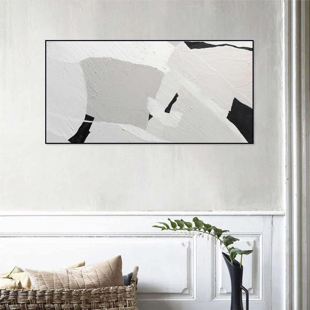 Textured Abstract Black and White Oil Painting for Modern Home Decor