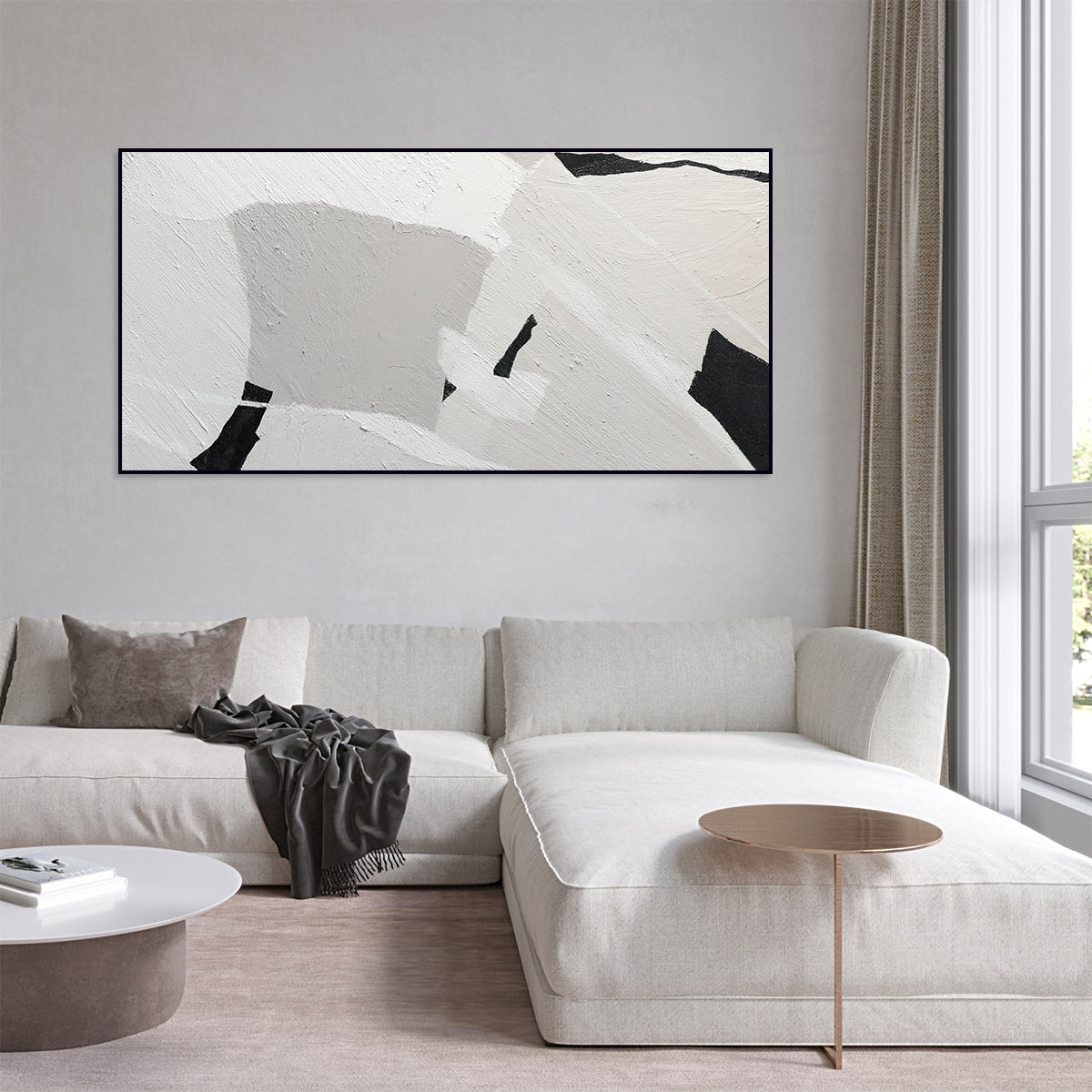 Textured Abstract Black and White Oil Painting for Modern Home Decor