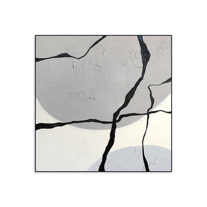 Abstract Geometric Oil Painting: Cracked Texture in Gray and Black Tones