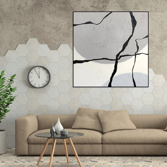 Abstract Geometric Oil Painting: Cracked Texture in Gray and Black Tones