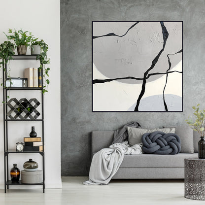 Abstract Geometric Oil Painting: Cracked Texture in Gray and Black Tones