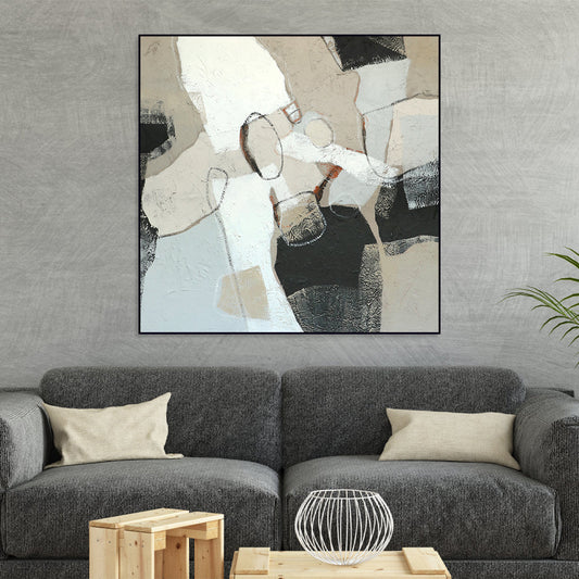 Abstract Minimalism: Textured Beige and Black Oil Painting for Modern Décor