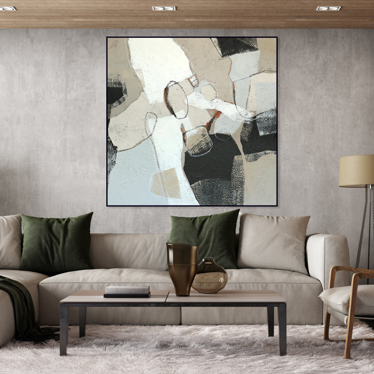 Abstract Minimalism: Textured Beige and Black Oil Painting for Modern Décor