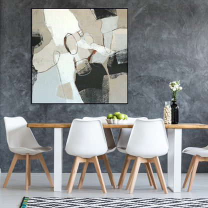 Abstract Minimalism: Textured Beige and Black Oil Painting for Modern Décor