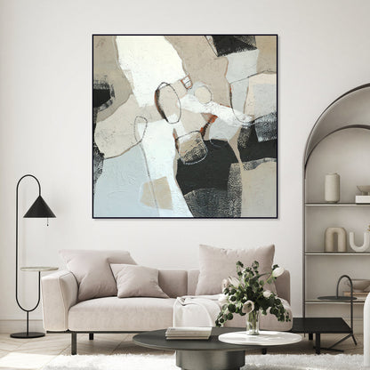 Abstract Minimalism: Textured Beige and Black Oil Painting for Modern Décor