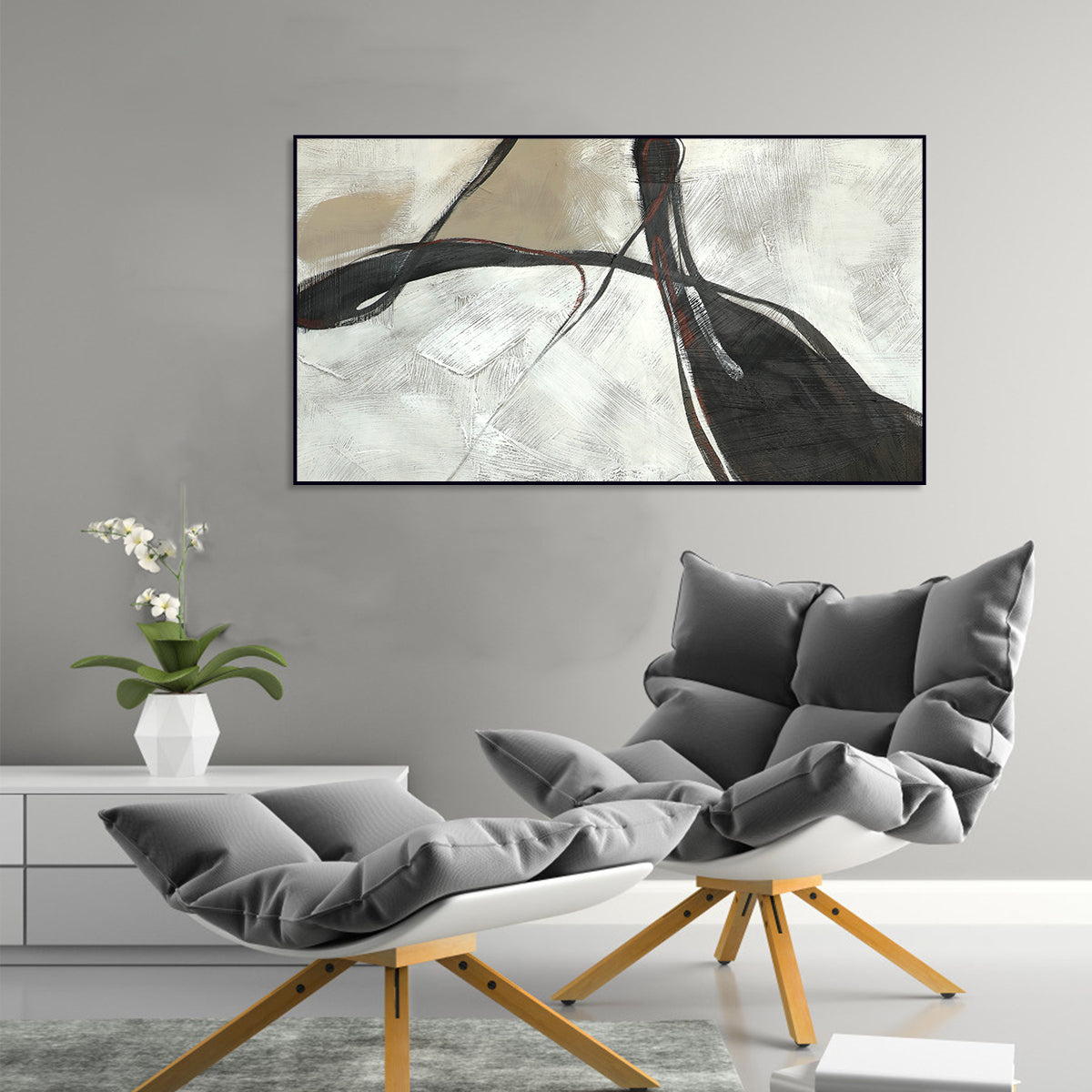 Elegant Minimalist Abstract Oil Painting with Flowing Lines and Subtle Tones