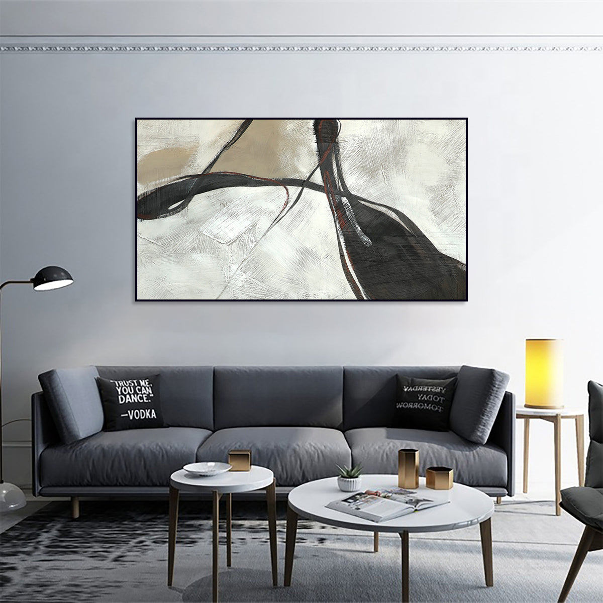 Elegant Minimalist Abstract Oil Painting with Flowing Lines and Subtle Tones