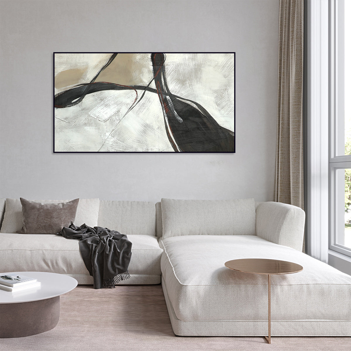 Elegant Minimalist Abstract Oil Painting with Flowing Lines and Subtle Tones