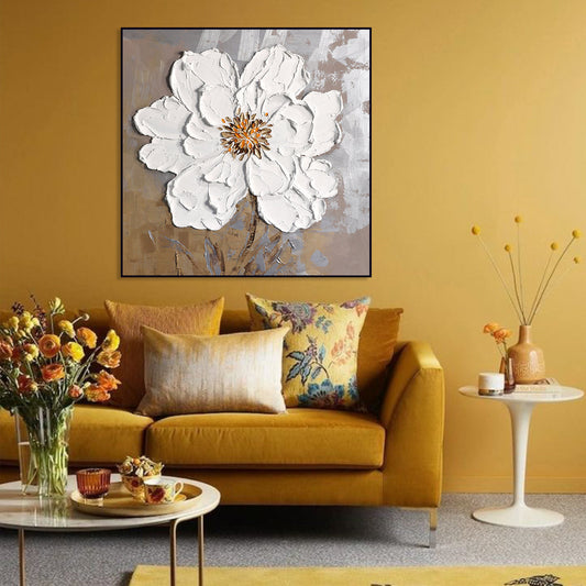Elegant White Floral Oil Painting with Textured Design for Home Decor