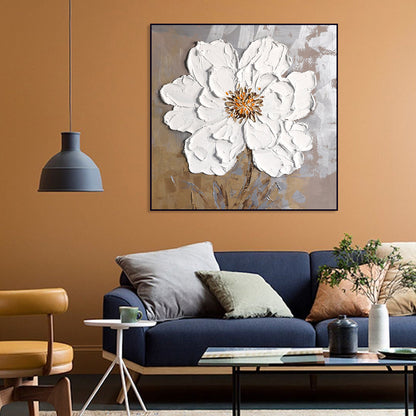 Elegant White Floral Oil Painting with Textured Design for Home Decor