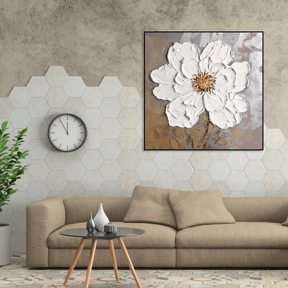 Elegant White Floral Oil Painting with Textured Design for Home Decor
