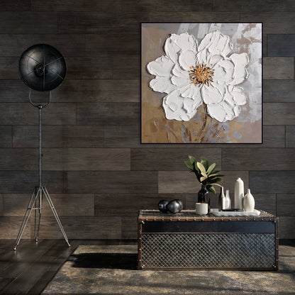 Elegant White Floral Oil Painting with Textured Design for Home Decor