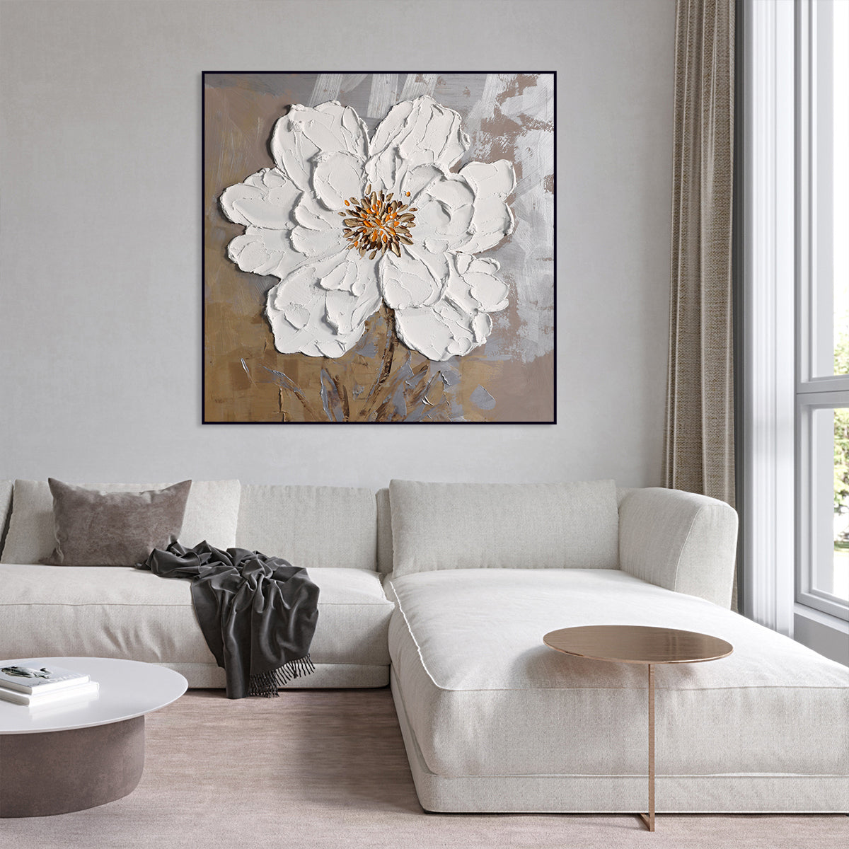 Elegant White Floral Oil Painting with Textured Design for Home Decor