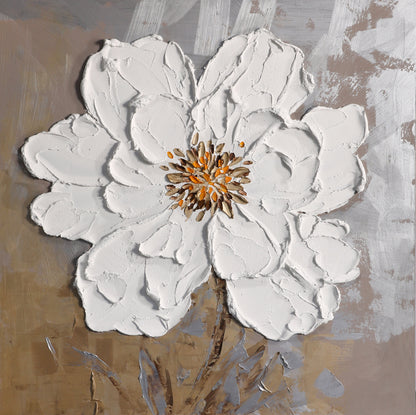 Elegant White Floral Oil Painting with Textured Design for Home Decor