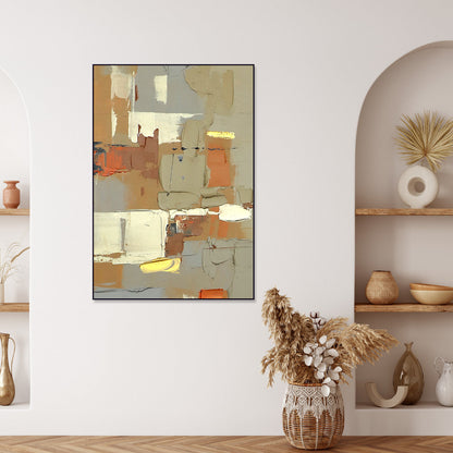 Abstract Cityscape Oil Painting with Geometric Shapes and Warm Tones