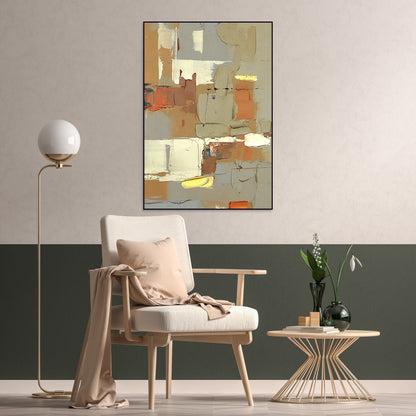 Abstract Cityscape Oil Painting with Geometric Shapes and Warm Tones