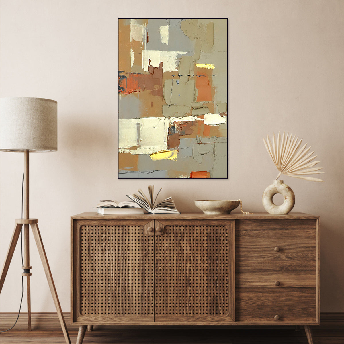 Abstract Cityscape Oil Painting with Geometric Shapes and Warm Tones