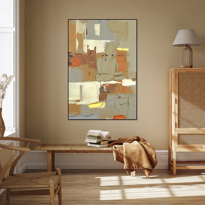 Abstract Cityscape Oil Painting with Geometric Shapes and Warm Tones