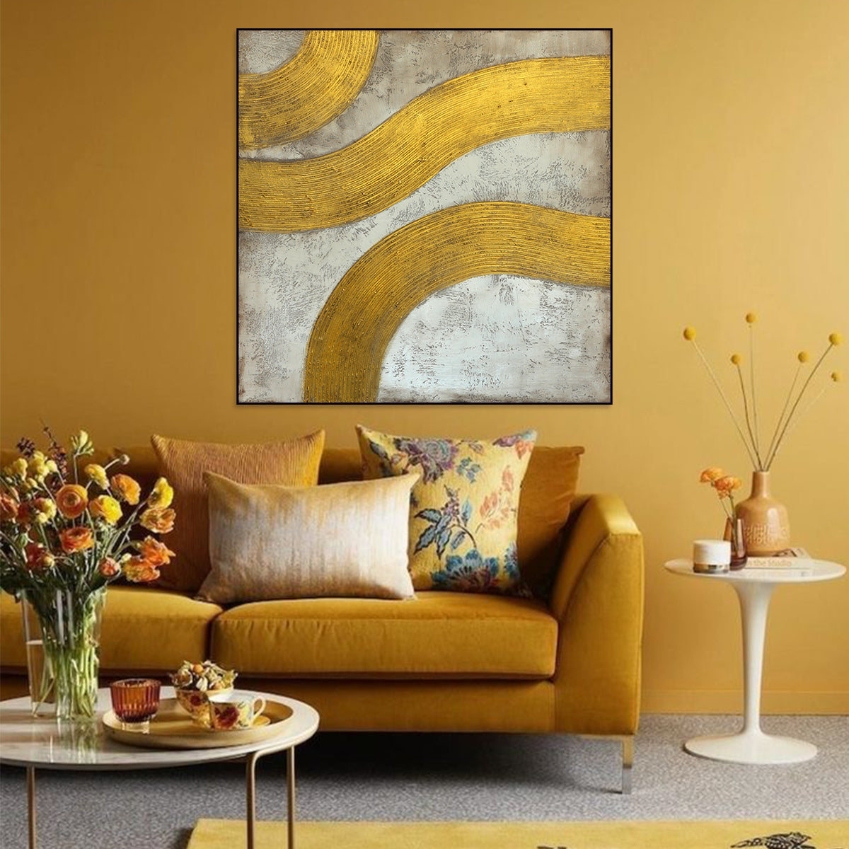 Textured Golden Waves: Contemporary Abstract Oil Painting for Modern Décor