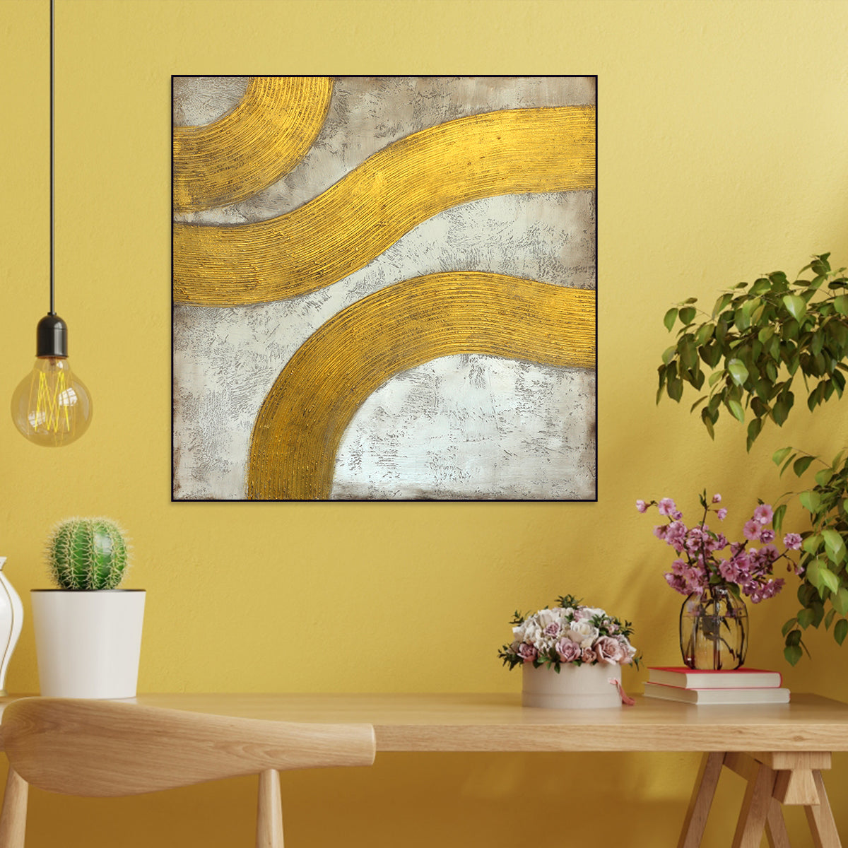 Textured Golden Waves: Contemporary Abstract Oil Painting for Modern Décor