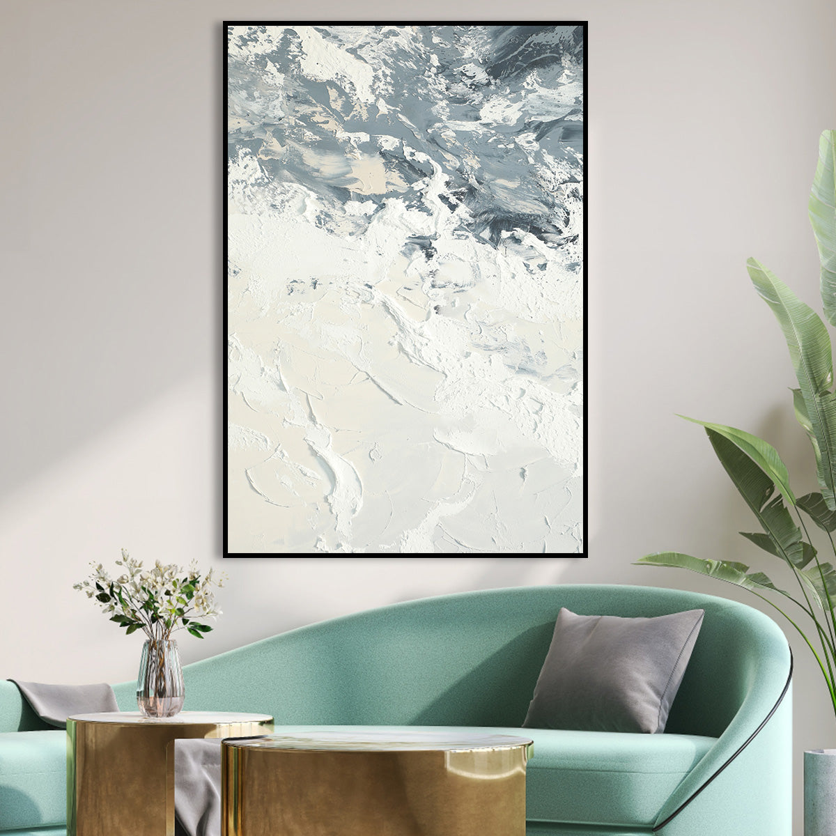 Modern Textured Abstract Oil Painting in White and Gray for Contemporary Decor