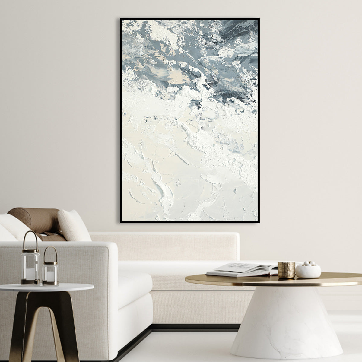 Modern Textured Abstract Oil Painting in White and Gray for Contemporary Decor