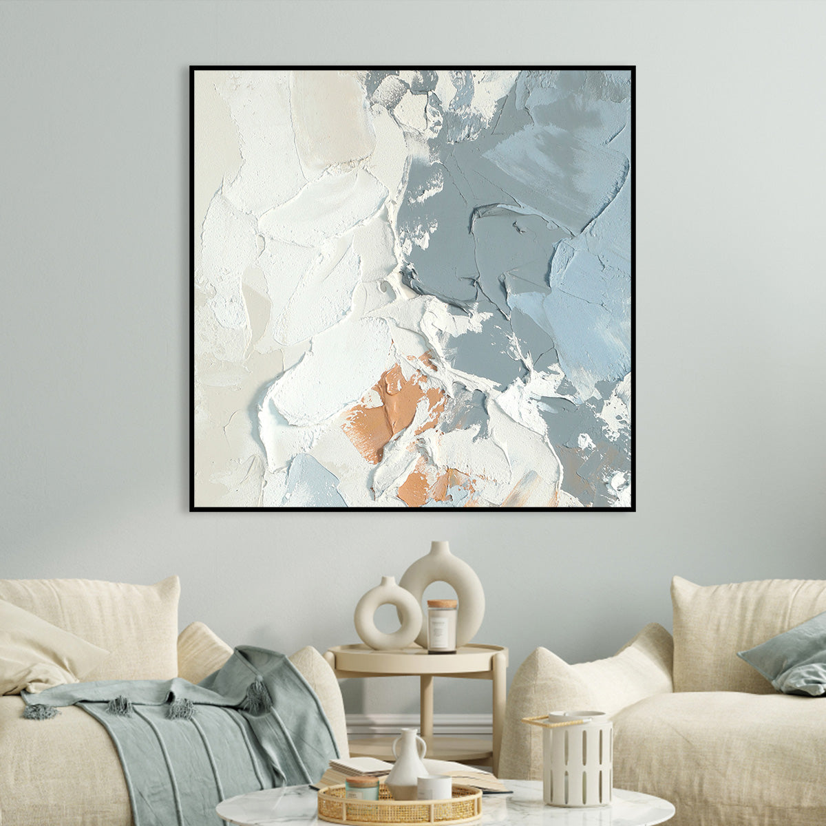 Textured Abstract Oil Painting - Earthy Tones and Sky Blue Palette for Modern Decor