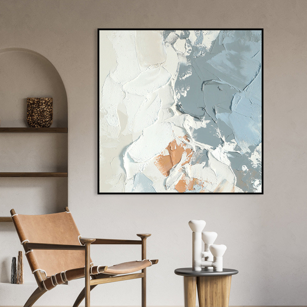 Textured Abstract Oil Painting - Earthy Tones and Sky Blue Palette for Modern Decor