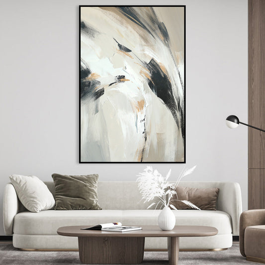 Neutral Abstract Oil Painting with Bold Black Brushstrokes for Modern Decor