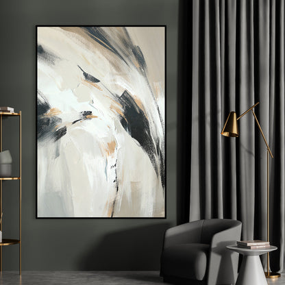 Neutral Abstract Oil Painting with Bold Black Brushstrokes for Modern Decor