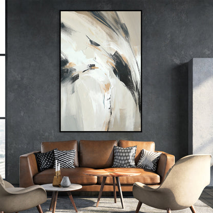 Neutral Abstract Oil Painting with Bold Black Brushstrokes for Modern Decor