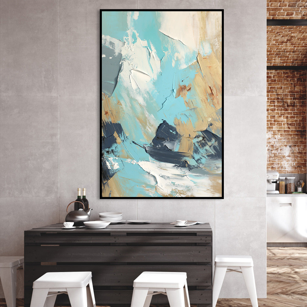 Abstract Coastal Seascape Oil Painting in Blue and Beige Tones