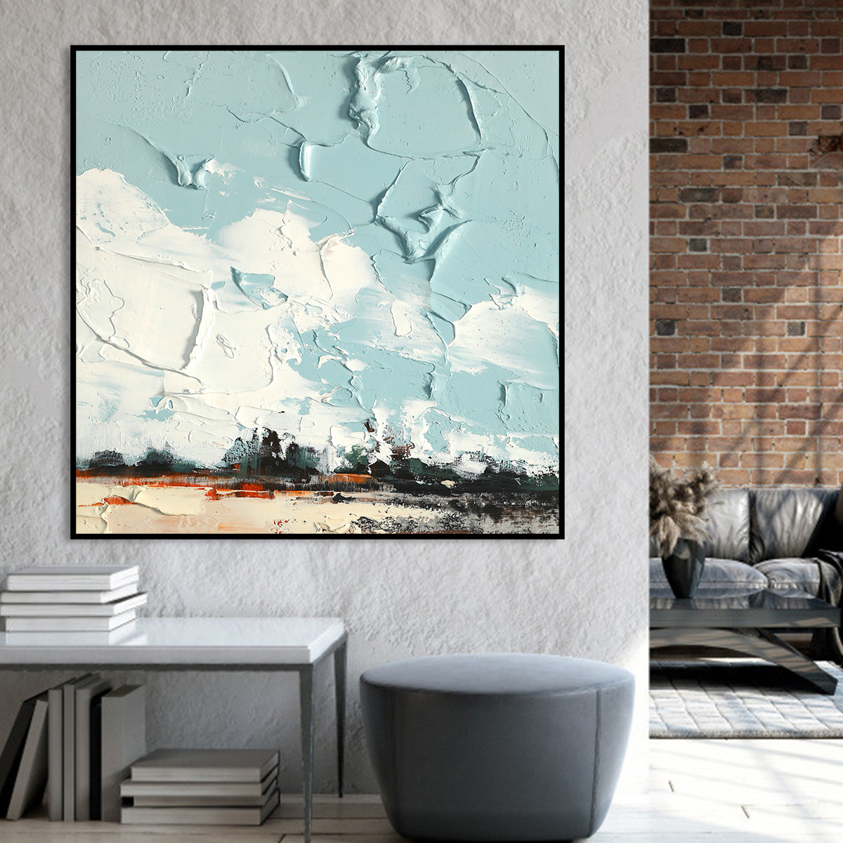 Serene Blue Sky Landscape Oil Painting for Modern Home Decor