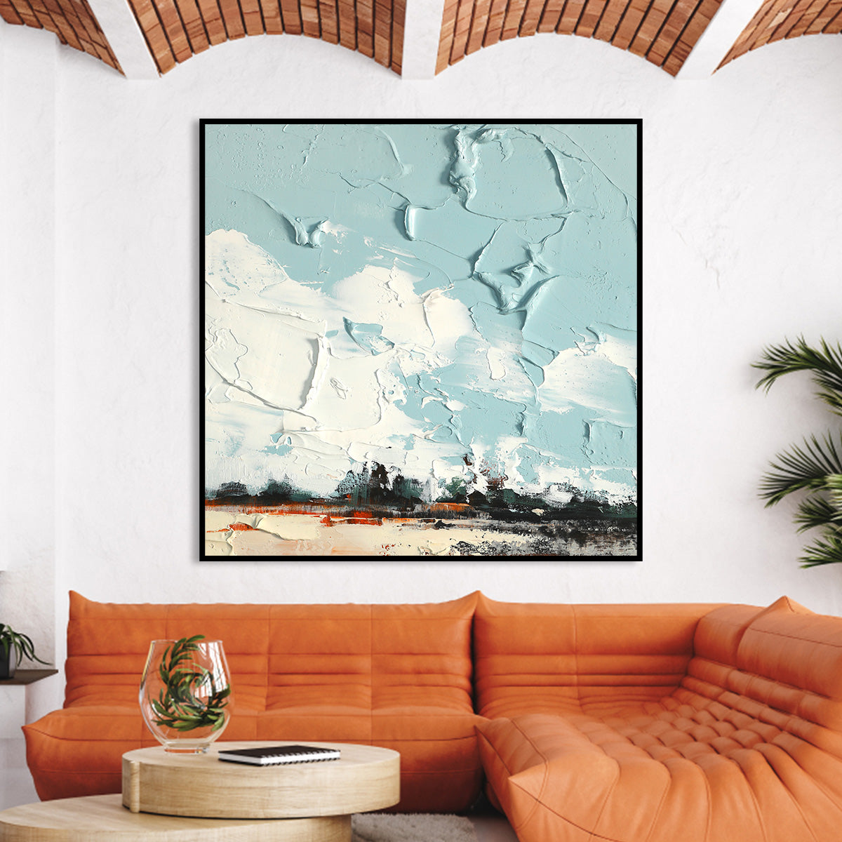 Serene Blue Sky Landscape Oil Painting for Modern Home Decor