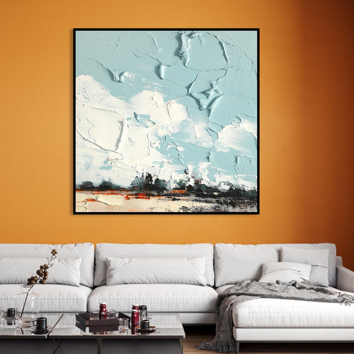 Serene Blue Sky Landscape Oil Painting for Modern Home Decor