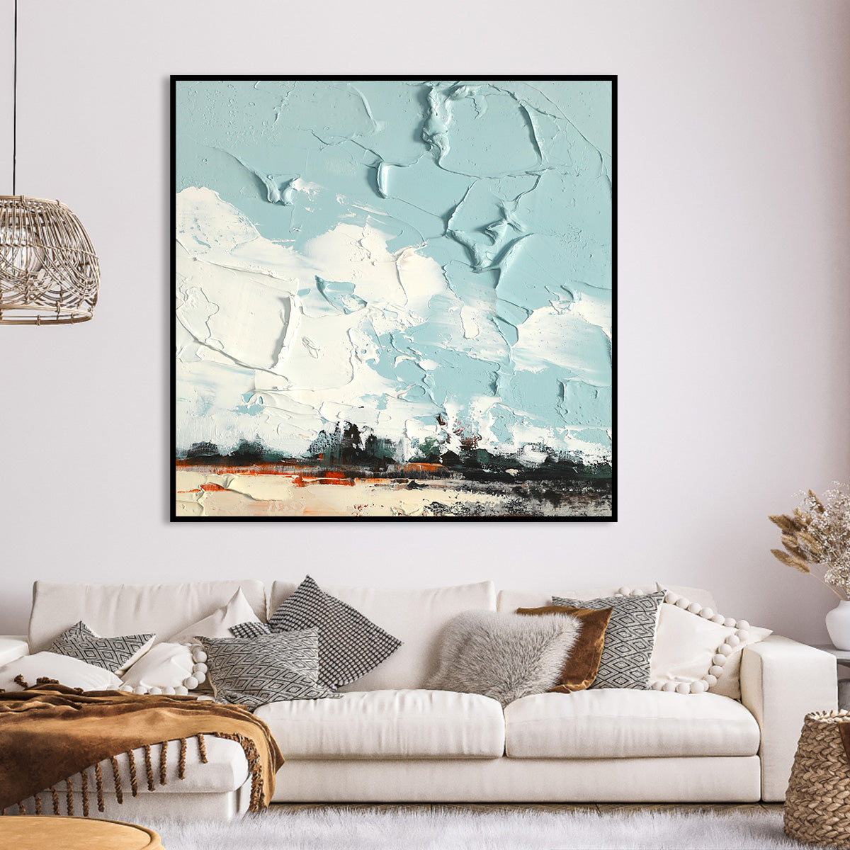 Serene Blue Sky Landscape Oil Painting for Modern Home Decor