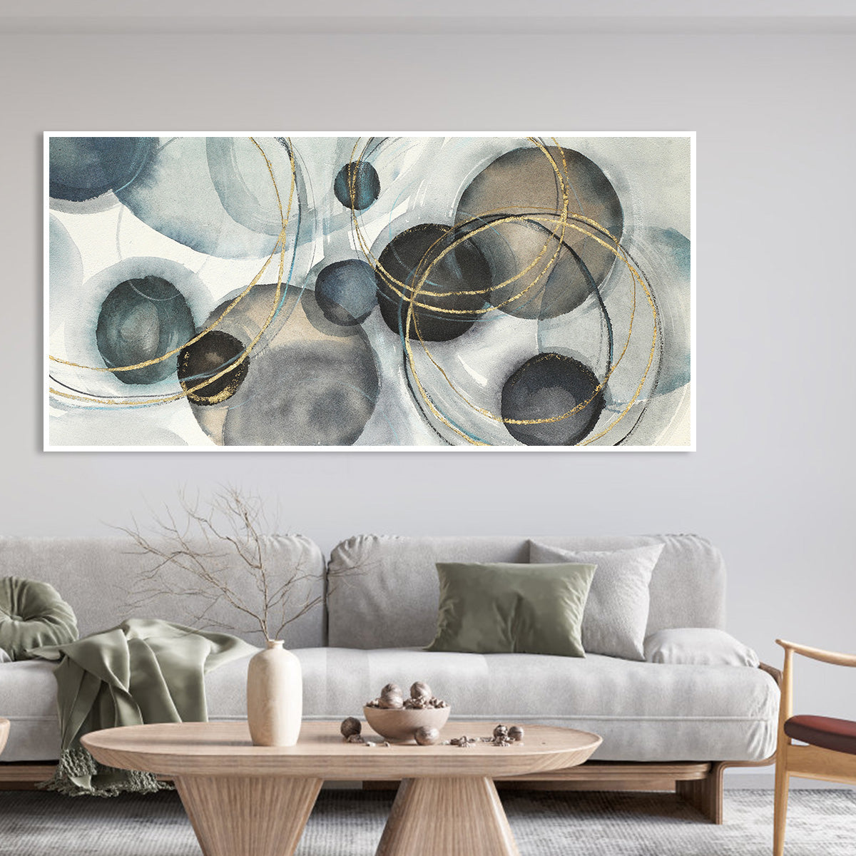 Abstract Oil Painting of Celestial Circles in Blue and Gold for Modern Decor