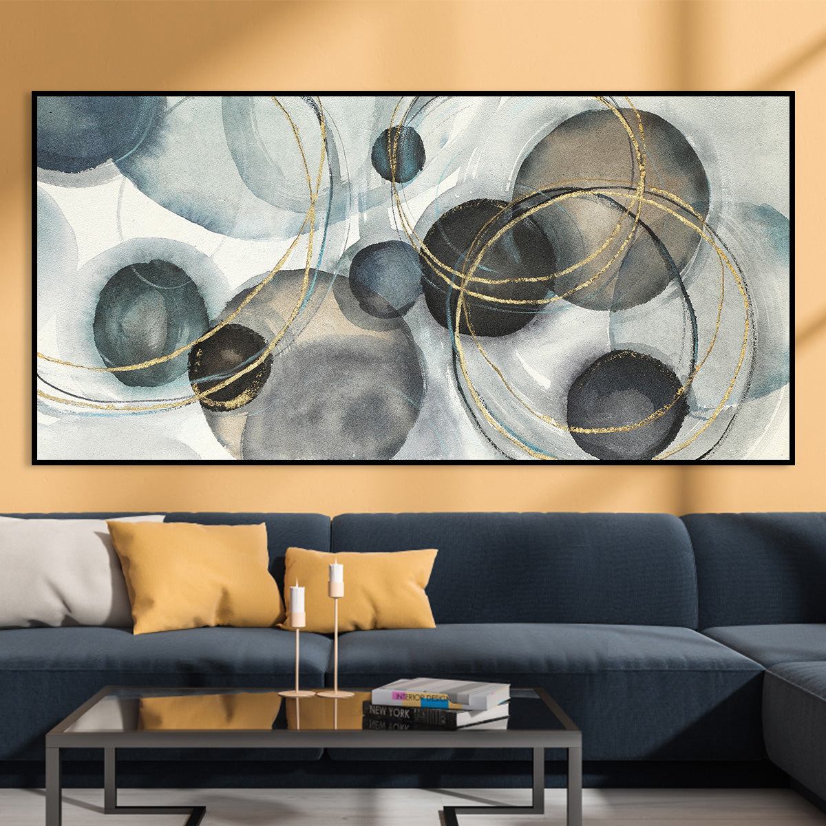 Abstract Oil Painting of Celestial Circles in Blue and Gold for Modern Decor