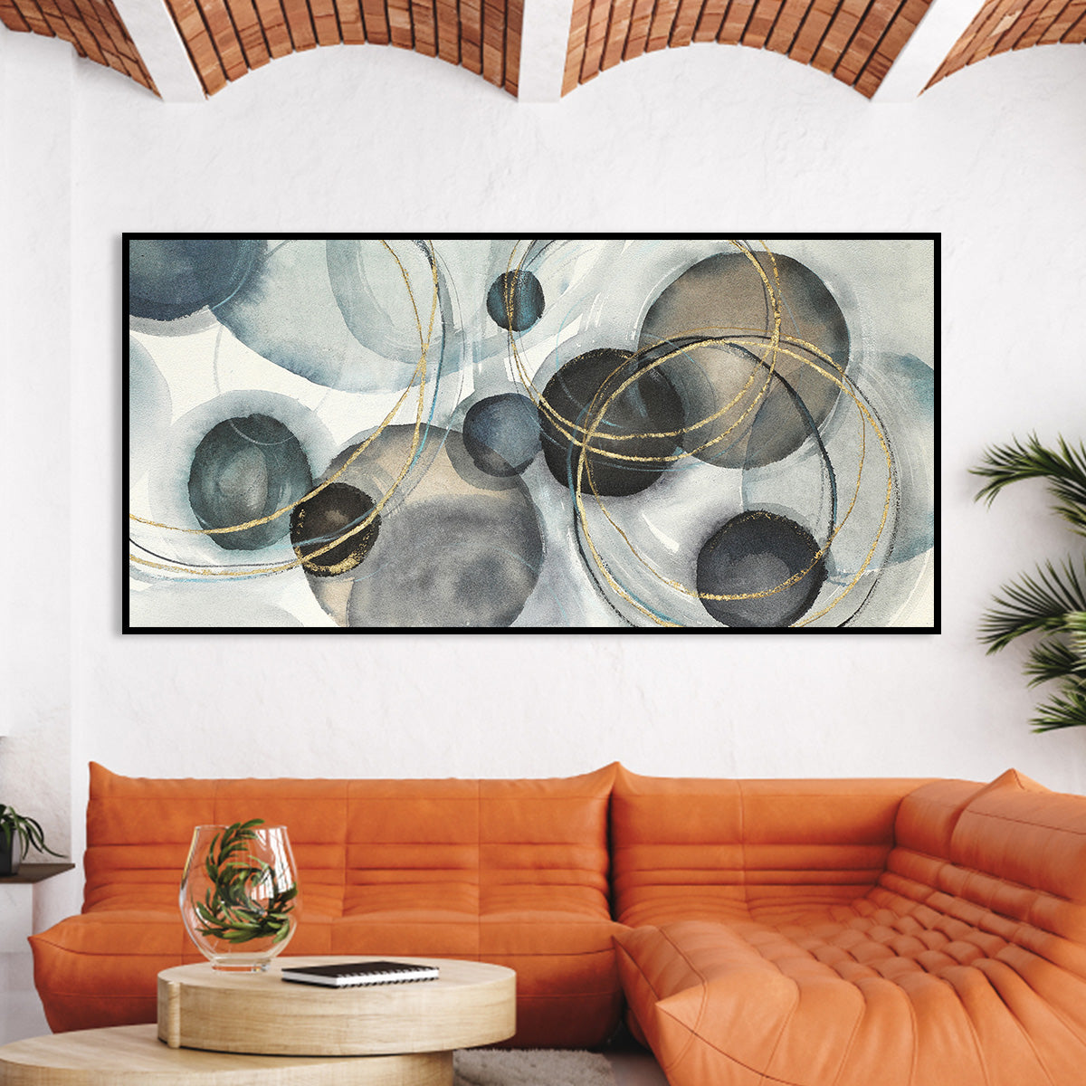 Abstract Oil Painting of Celestial Circles in Blue and Gold for Modern Decor