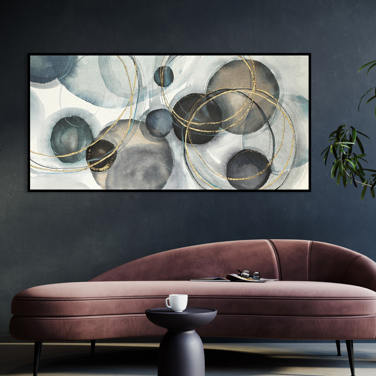 Abstract Oil Painting of Celestial Circles in Blue and Gold for Modern Decor