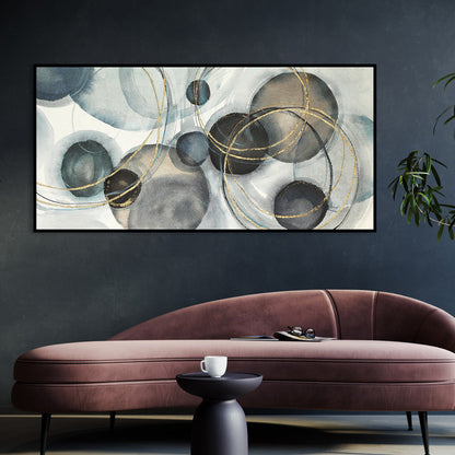 Abstract Oil Painting of Celestial Circles in Blue and Gold for Modern Decor