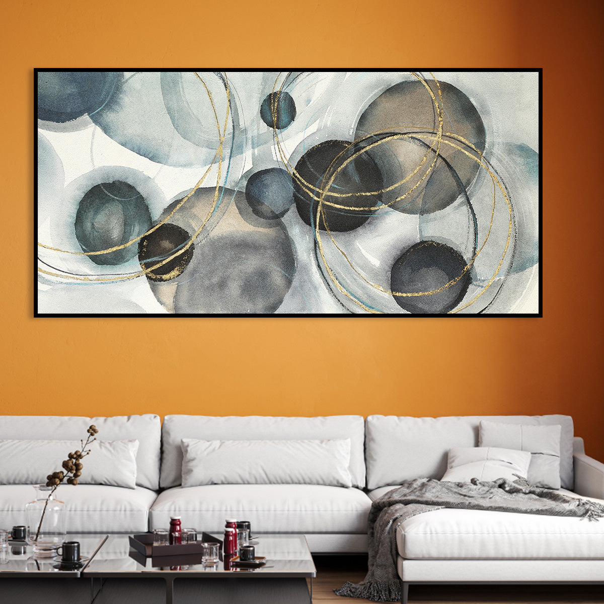 Abstract Oil Painting of Celestial Circles in Blue and Gold for Modern Decor