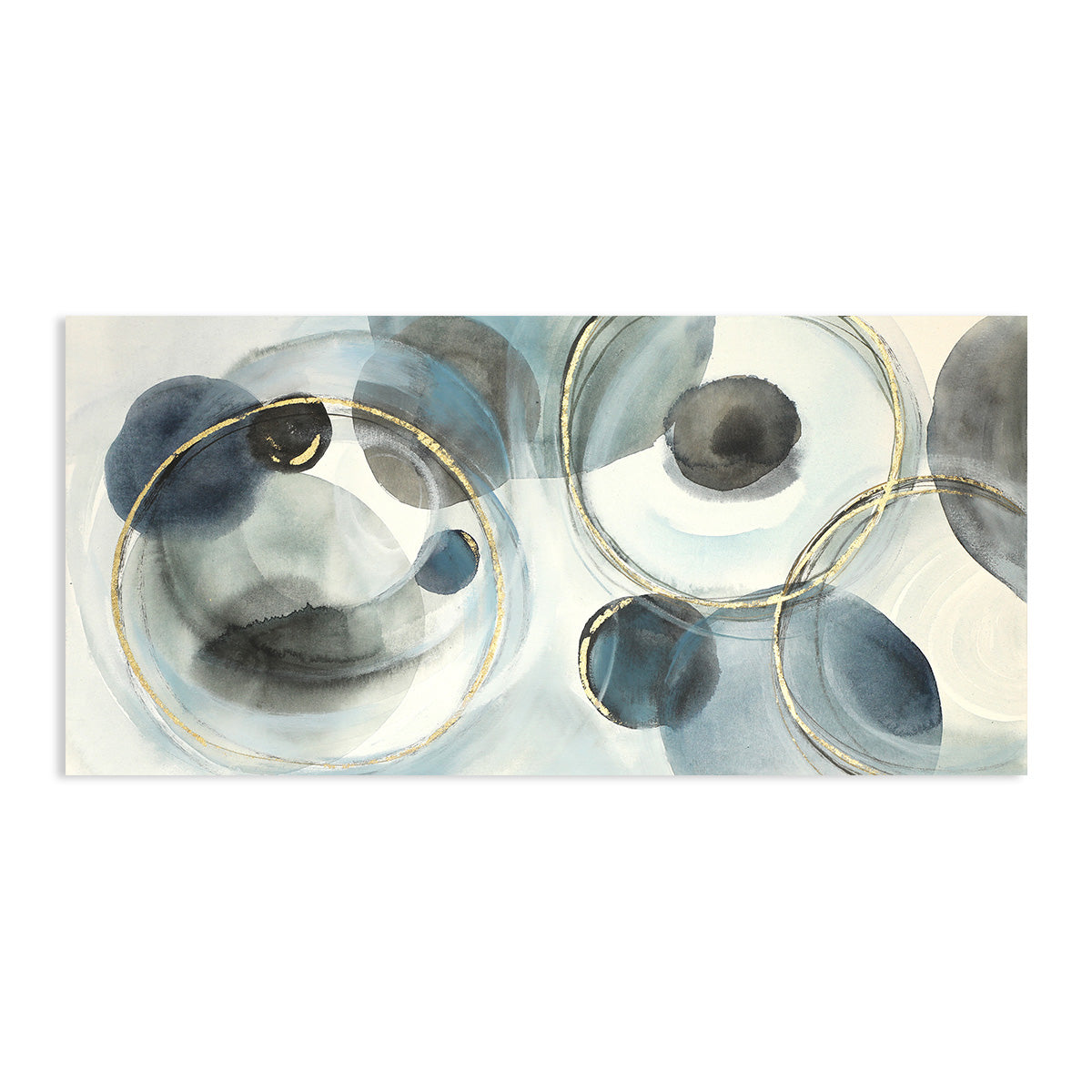 Serene Abstract Oil Painting with Blue and Gold Circular Motifs for Modern Home Decor